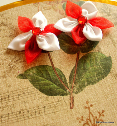 Satin Ribbon Red and White Flower Appliques/ Crafts/ Wedding Decoration x 5